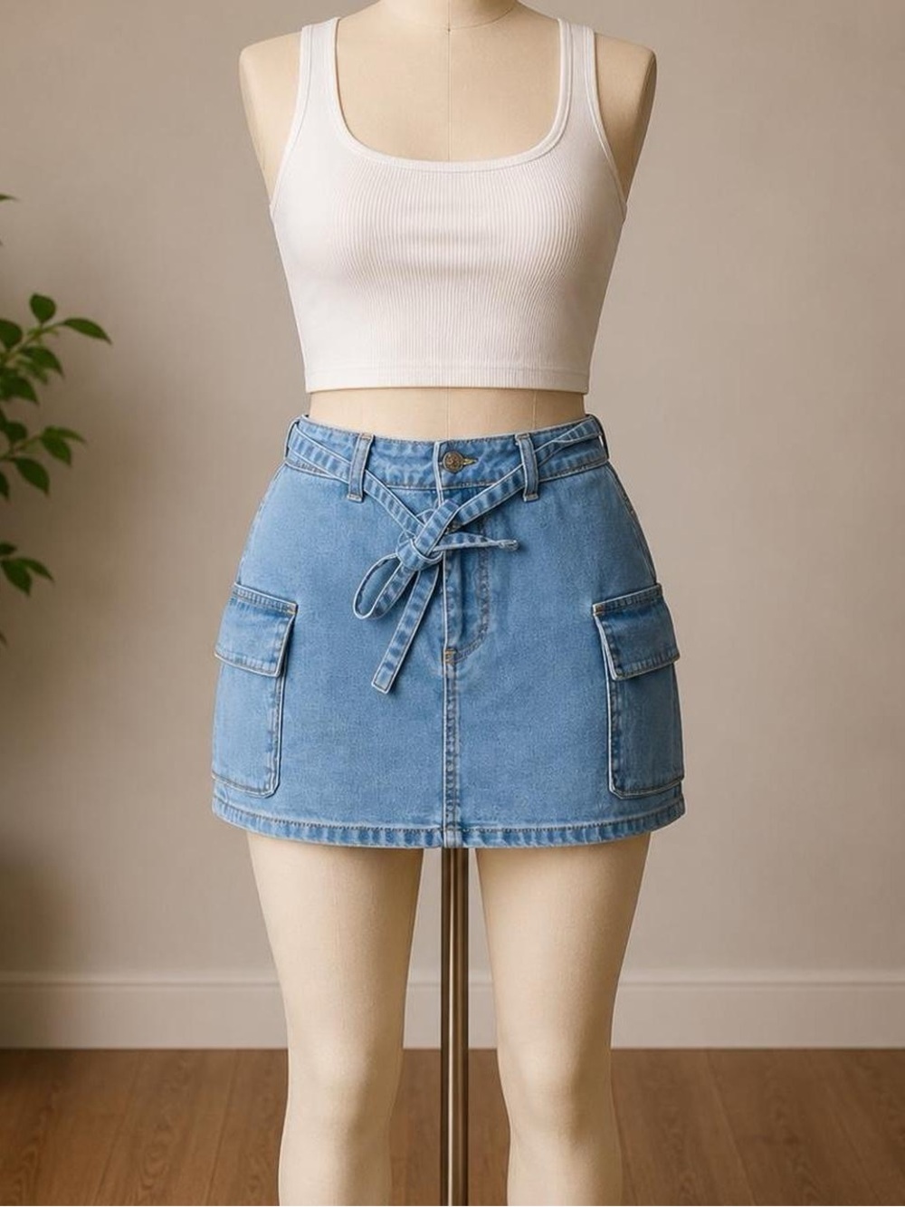 Love Tree Light Blue Denim Mini Skirt with Waist Tie